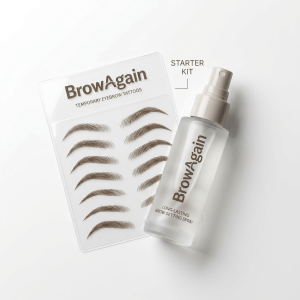 BrowAgain Brow Starter Kit with Temporary Eyebrow Tattoos and Long-Lasting Setting Spray