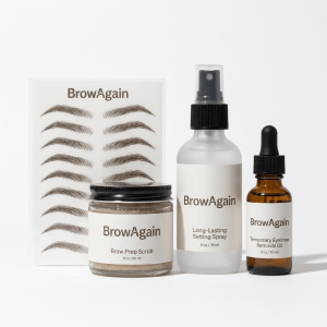 BrowAgain Complete Brow System with Temporary Eyebrow Tattoos, Prep Scrub, Setting Spray, and Removal Oil